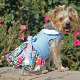 Blue and White Pastel Pearls Floral Dress with Matching Leash (Option: X-Small)